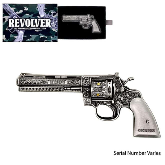 2023 Chad 2 oz Silver Revolver Gun Shaped Antiqued High Relief Coin .999 Fine (w/Box)