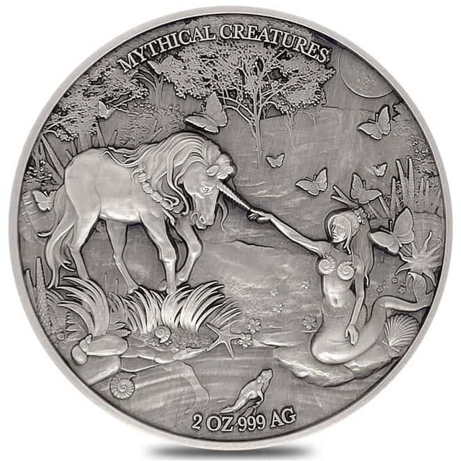 2021 Chad 2 oz Silver Mermaid & Unicorn - Antiqued High Relief Coin (w/Box)