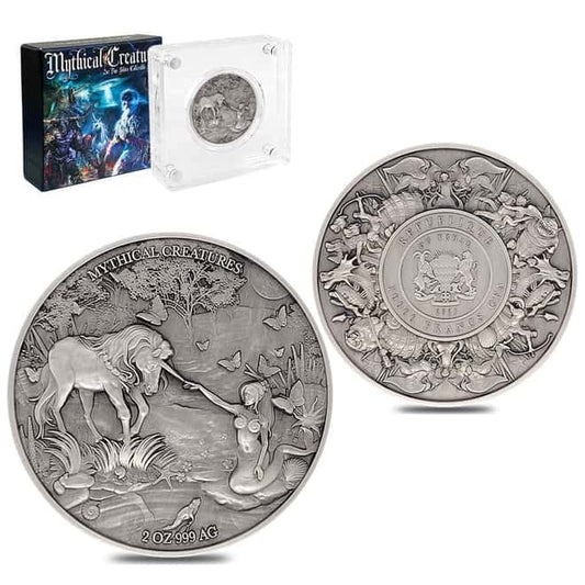 2021 Chad 2 oz Silver Mermaid & Unicorn - Antiqued High Relief Coin (w/Box)